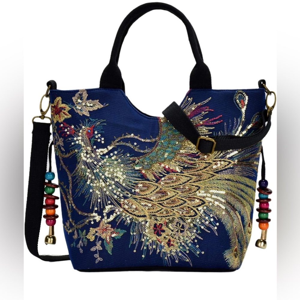 Blue Tote Hand Bag with Intricate Phoenix Design and Side Beads.